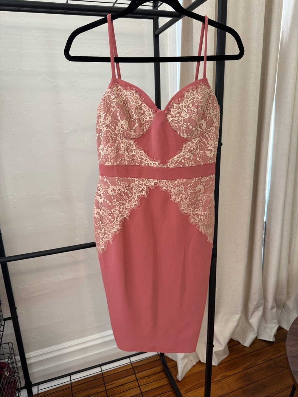 Fashion Nova Rose Pink Lace-Trim Midi Bodycon Dress